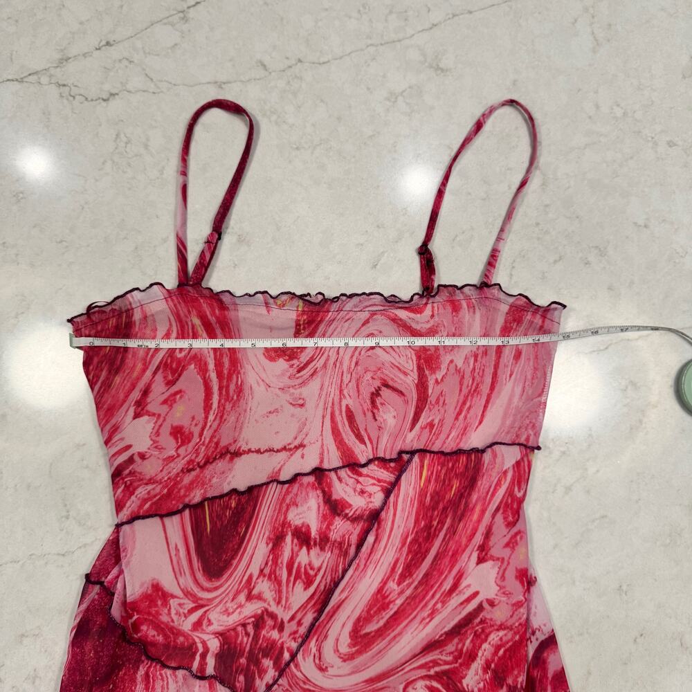 Y2K Barbiecore Mesh Mini Dress Pink Sheer Slip Ruffle Festival Coquette Small - Picture 5 of 16